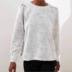 LOFT Sateen Dotted Puff Shoulder Blouse White Black Polka Dots Long Sleeve Top L